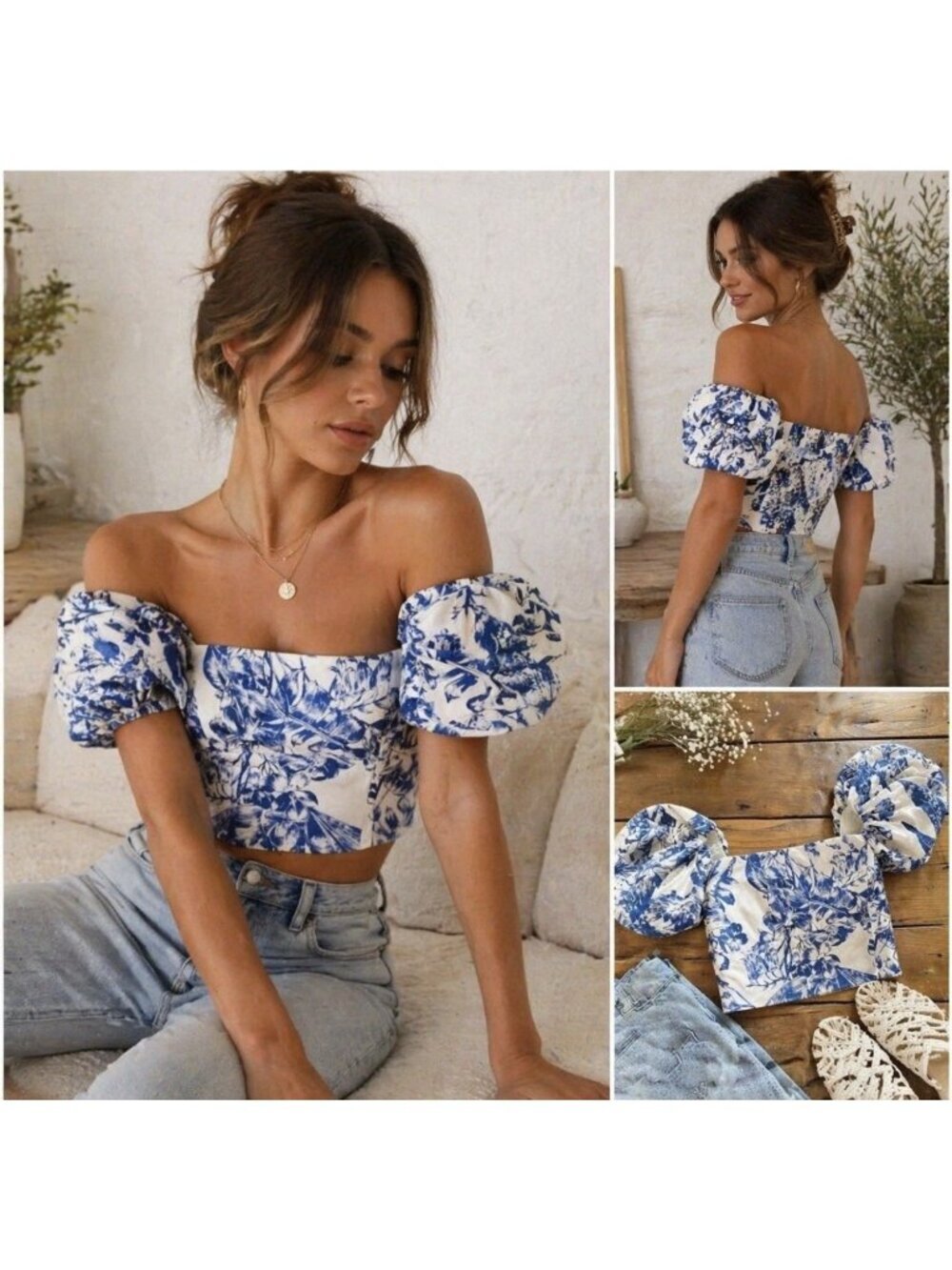 Abercrombie & Fitch Blue Floral Puff Sleeve Crop Top XS Cottagecore Coquette NEW